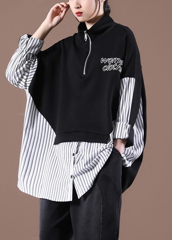 Women Patchwork Spring Organic Shirts Black Tops - SooLinen