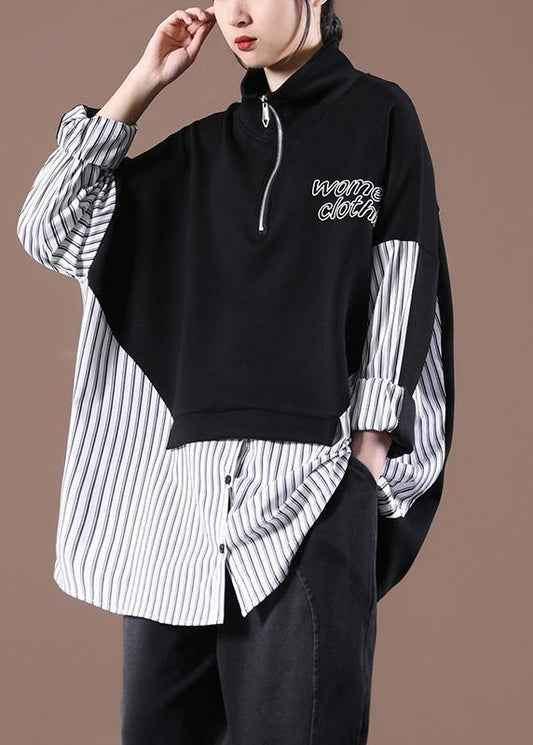 Women Patchwork Spring Organic Shirts Black Tops - SooLinen