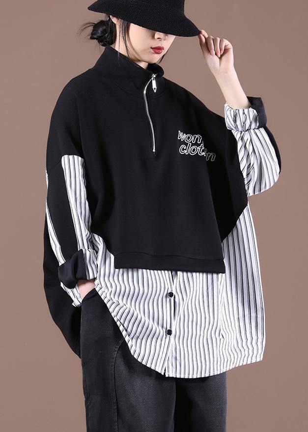 Women Patchwork Spring Organic Shirts Black Tops - SooLinen