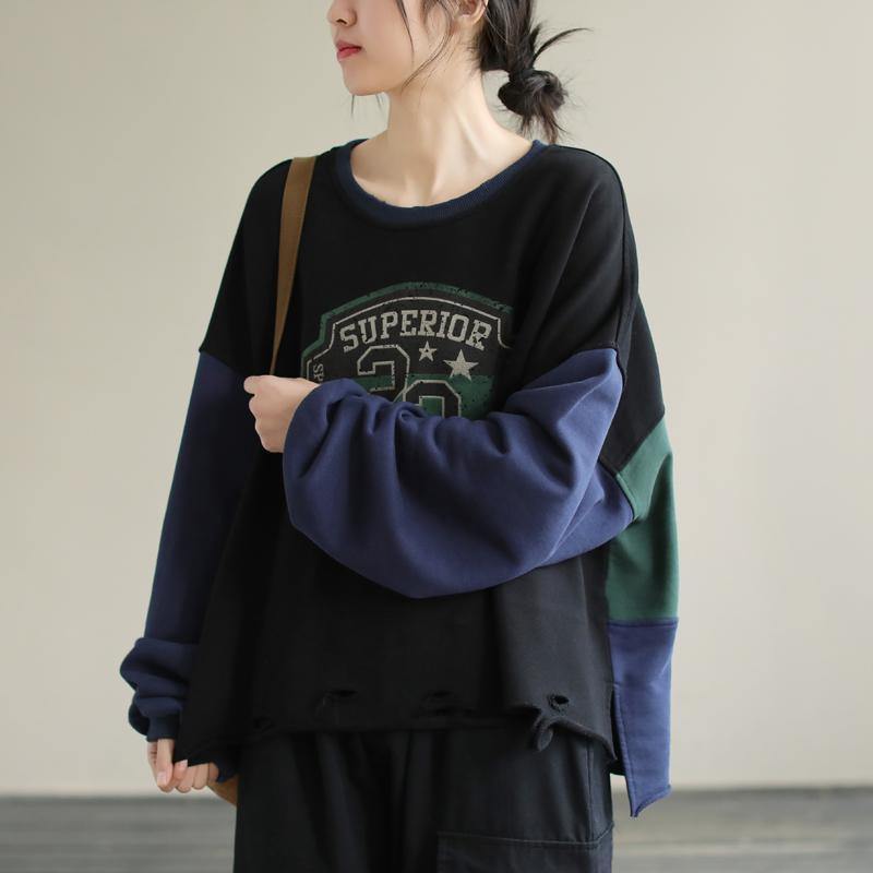 Women Patchwork cotton SpringTunics for women Fabrics Black alphabet Prints top - SooLinen