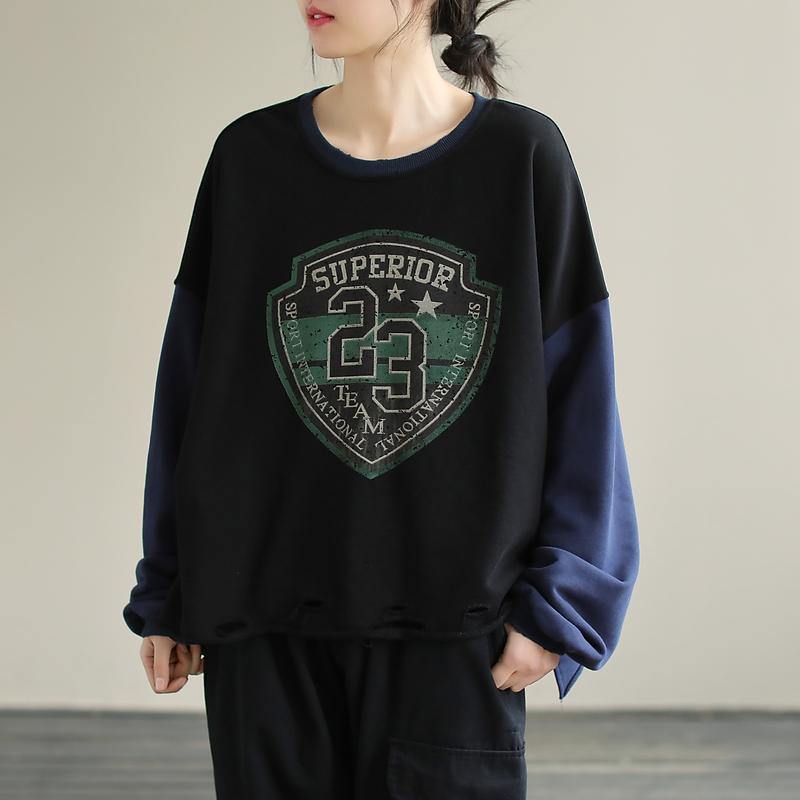 Women Patchwork cotton SpringTunics for women Fabrics Black alphabet Prints top - SooLinen