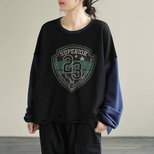 Women Patchwork cotton SpringTunics for women Fabrics Black alphabet Prints top - SooLinen