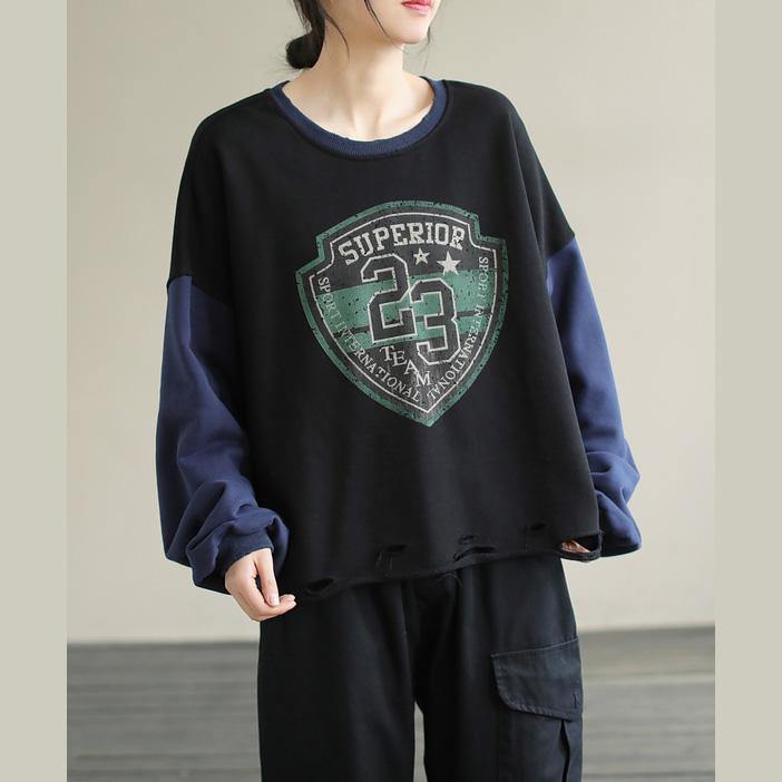 Women Patchwork cotton SpringTunics for women Fabrics Black alphabet Prints top - SooLinen