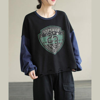 Women Patchwork cotton SpringTunics for women Fabrics Black alphabet Prints top - SooLinen