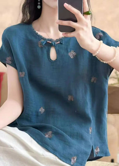 Women Peacock Blue Embroidered Butterfly Linen Top Summer
