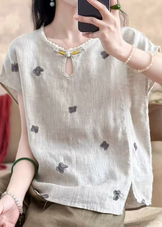 Women Peacock Blue Embroidered Butterfly Linen Top Summer