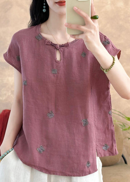 Women Peacock Blue Embroidered Butterfly Linen Top Summer