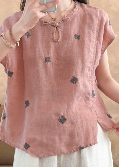 Women Peacock Blue Embroidered Butterfly Linen Top Summer