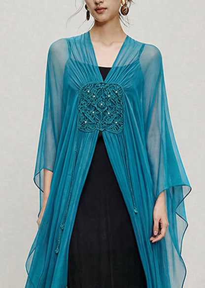 Women Peacock Blue Handmade Hook Flower Scarf Shawl Long Tops Summer