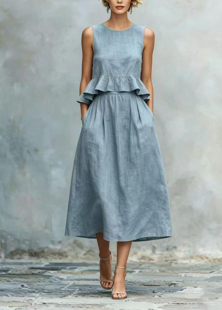 Women Peacock Blue Ruffles Cotton Holiday Dress Sleeveless