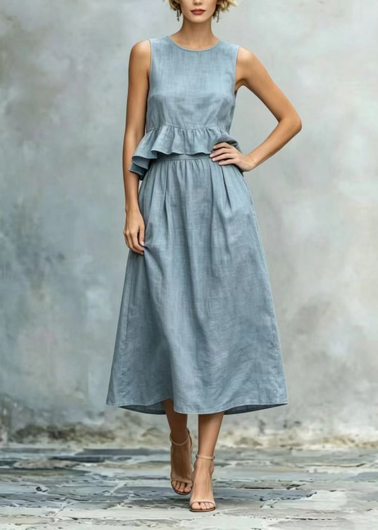 Women Peacock Blue Ruffles Cotton Holiday Dress Sleeveless