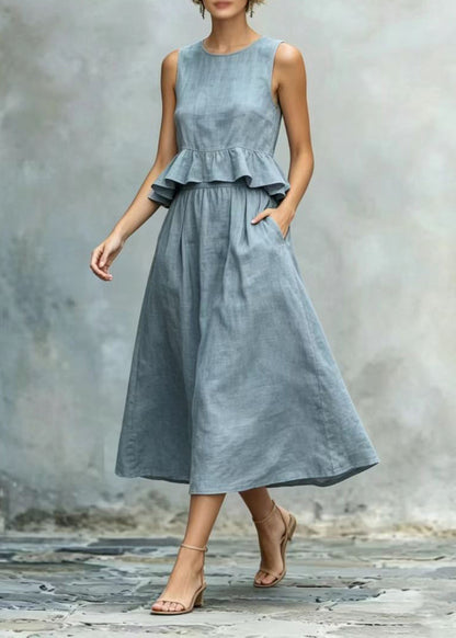 Women Peacock Blue Ruffles Cotton Holiday Dress Sleeveless