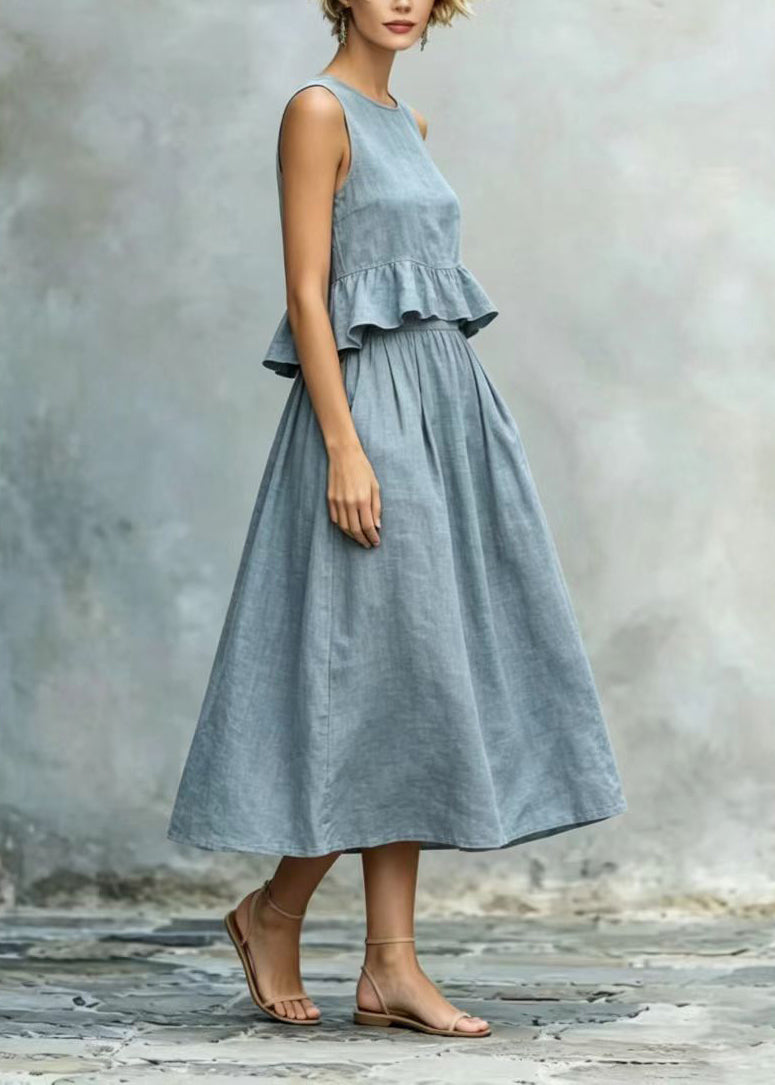 Women Peacock Blue Ruffles Cotton Holiday Dress Sleeveless