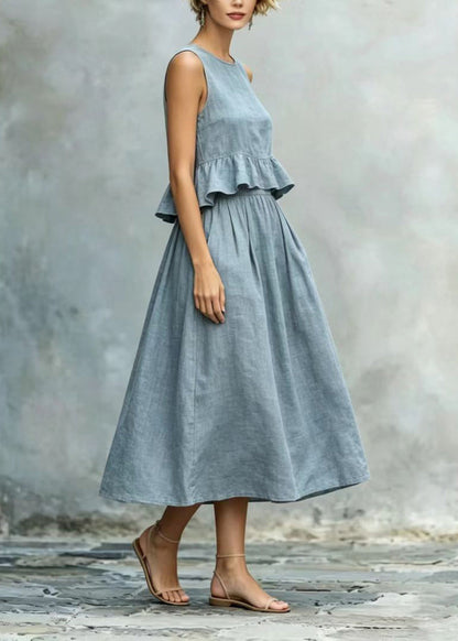 Women Peacock Blue Ruffles Cotton Holiday Dress Sleeveless