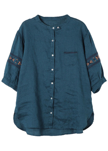 Frauen Pfau blau Embroideried Patchwork Tops Halbe Hülse