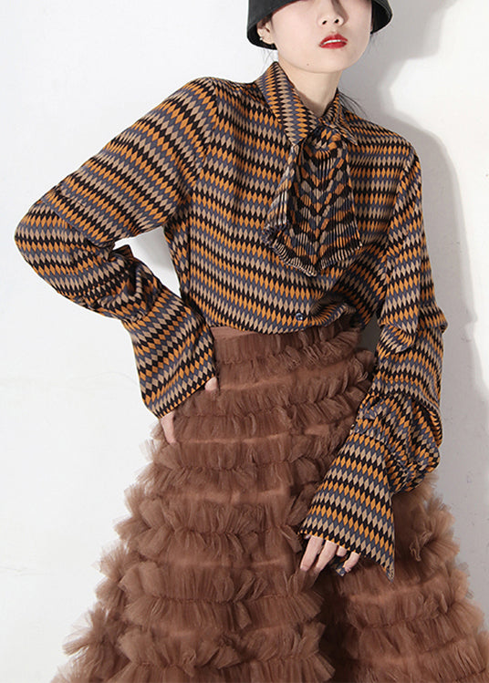 Frauen Peter Pan Kragen Plaid Button Seide Shirts Frühling