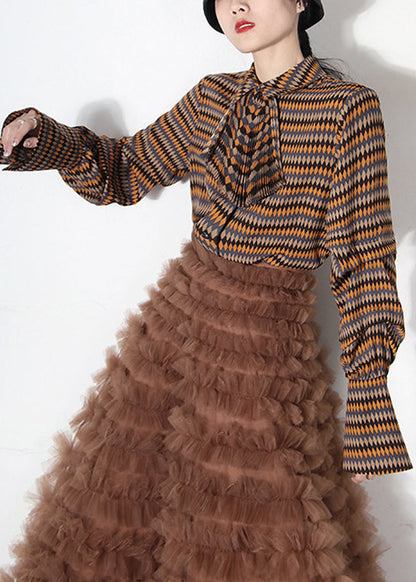 Frauen Peter Pan Kragen Plaid Button Seide Shirts Frühling