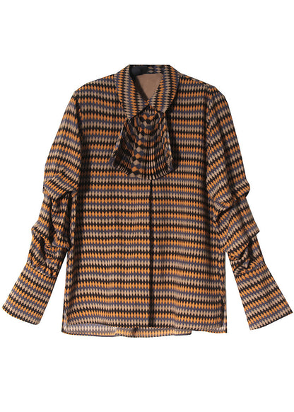 Frauen Peter Pan Kragen Plaid Button Seide Shirts Frühling