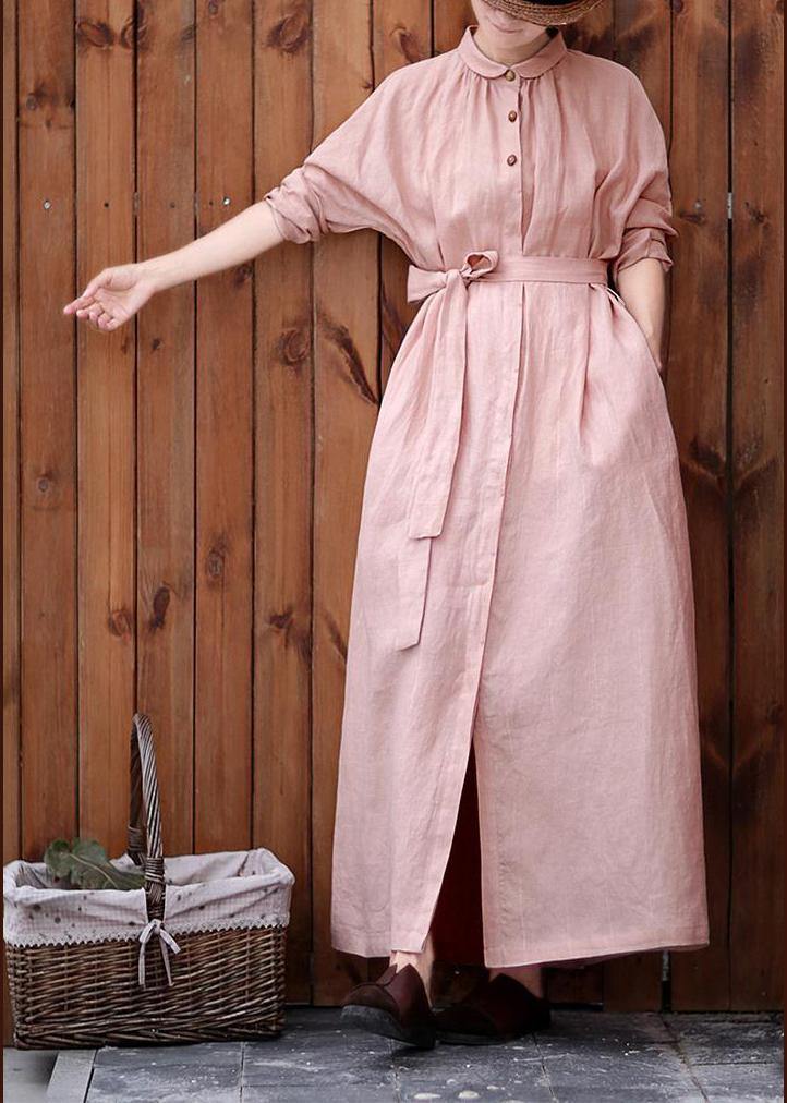 Women Peter pan Collar tie waist Plus Size outfit pink Knee coats - SooLinen