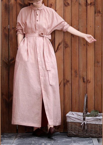 Women Peter pan Collar tie waist Plus Size outfit pink Knee coats - SooLinen