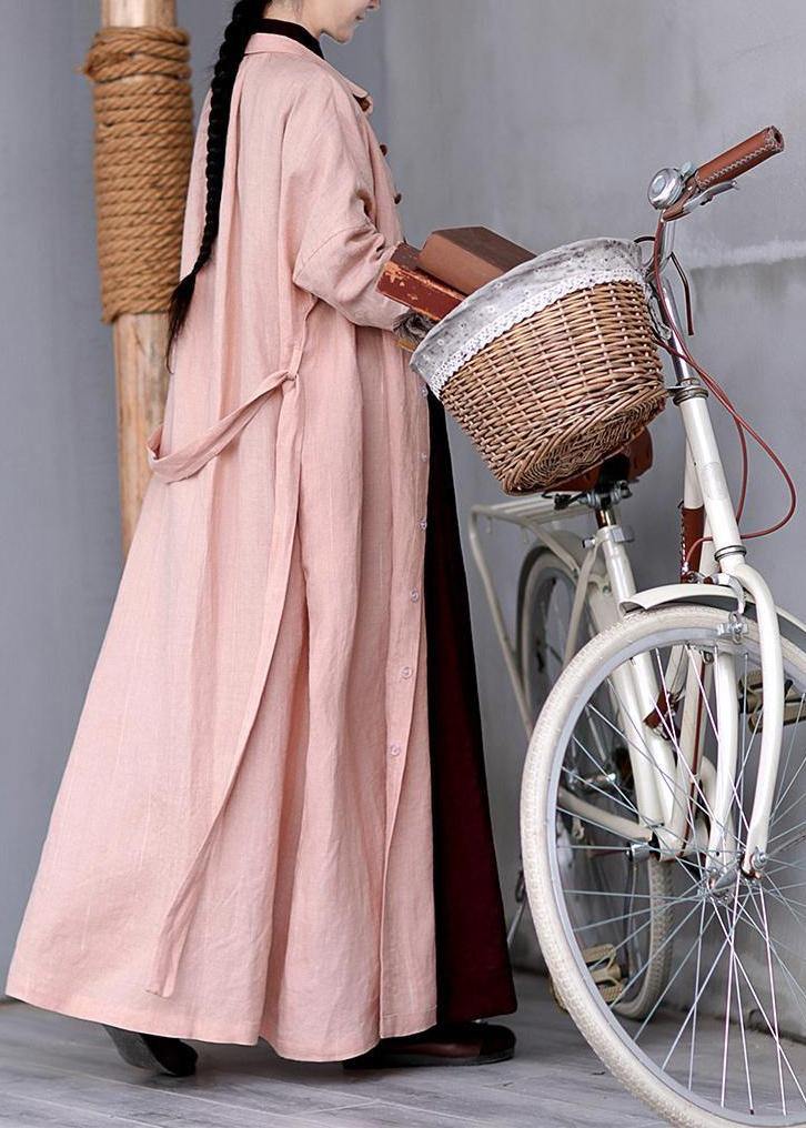 Women Peter pan Collar tie waist Plus Size outfit pink Knee coats - SooLinen