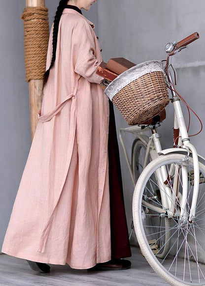 Women Peter pan Collar tie waist Plus Size outfit pink Knee coats - SooLinen