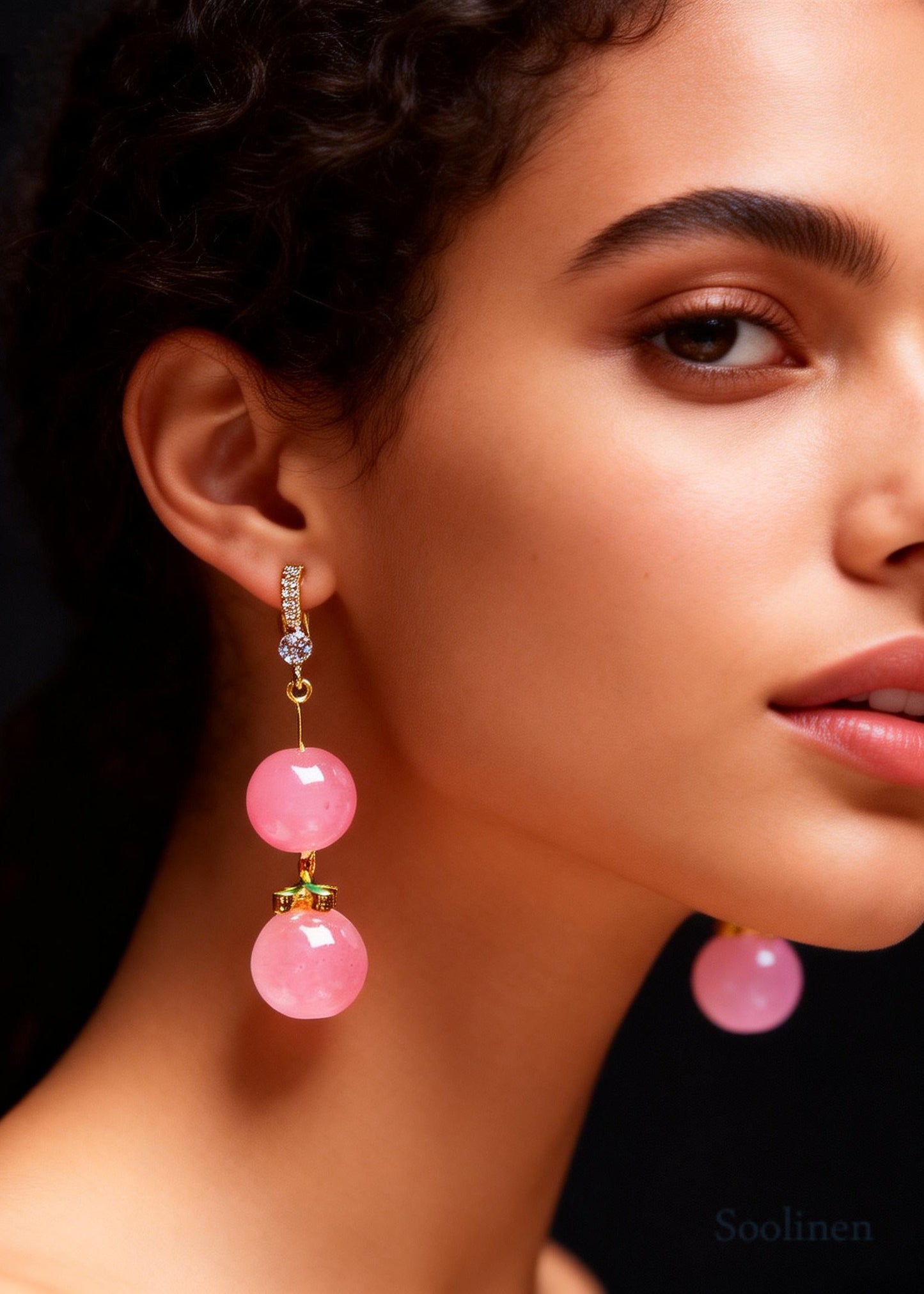 Women Pink Acrylic Ball Zircon Drop Earrings