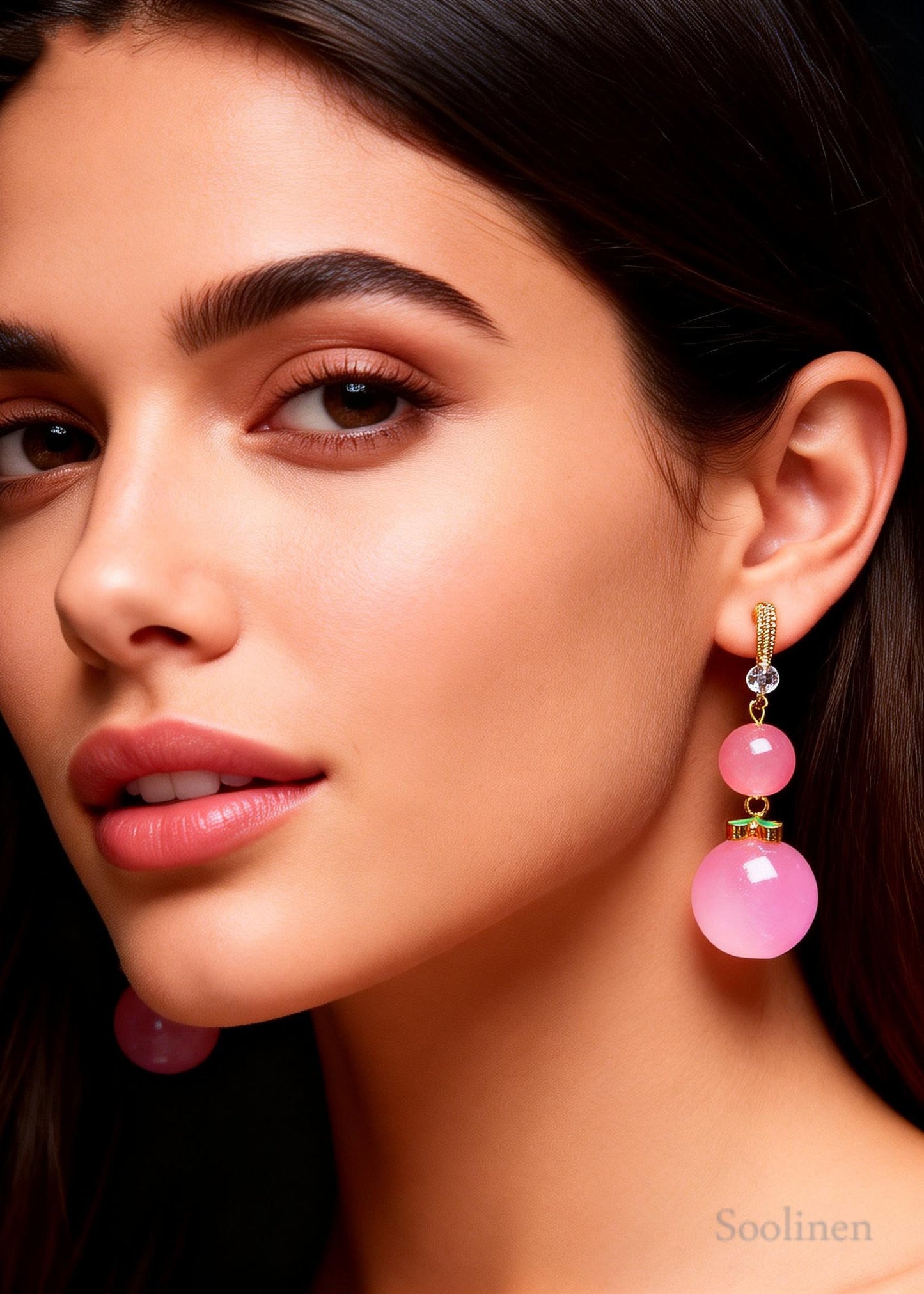 Women Pink Acrylic Ball Zircon Drop Earrings