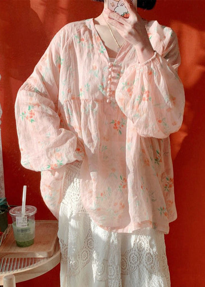 Damen Rosa Bluse mit Knopfdruck und Laternenärmeln aus Baumwolle