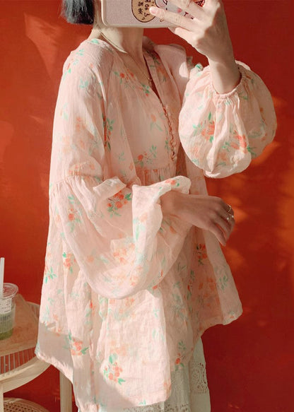 Damen Rosa Bluse mit Knopfdruck und Laternenärmeln aus Baumwolle