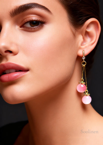 Women Pink Crystal Long Drop Earrings