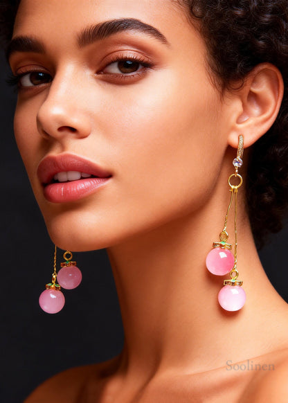 Women Pink Crystal Long Drop Earrings