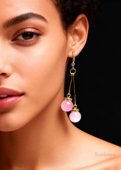 Women Pink Crystal Long Drop Earrings