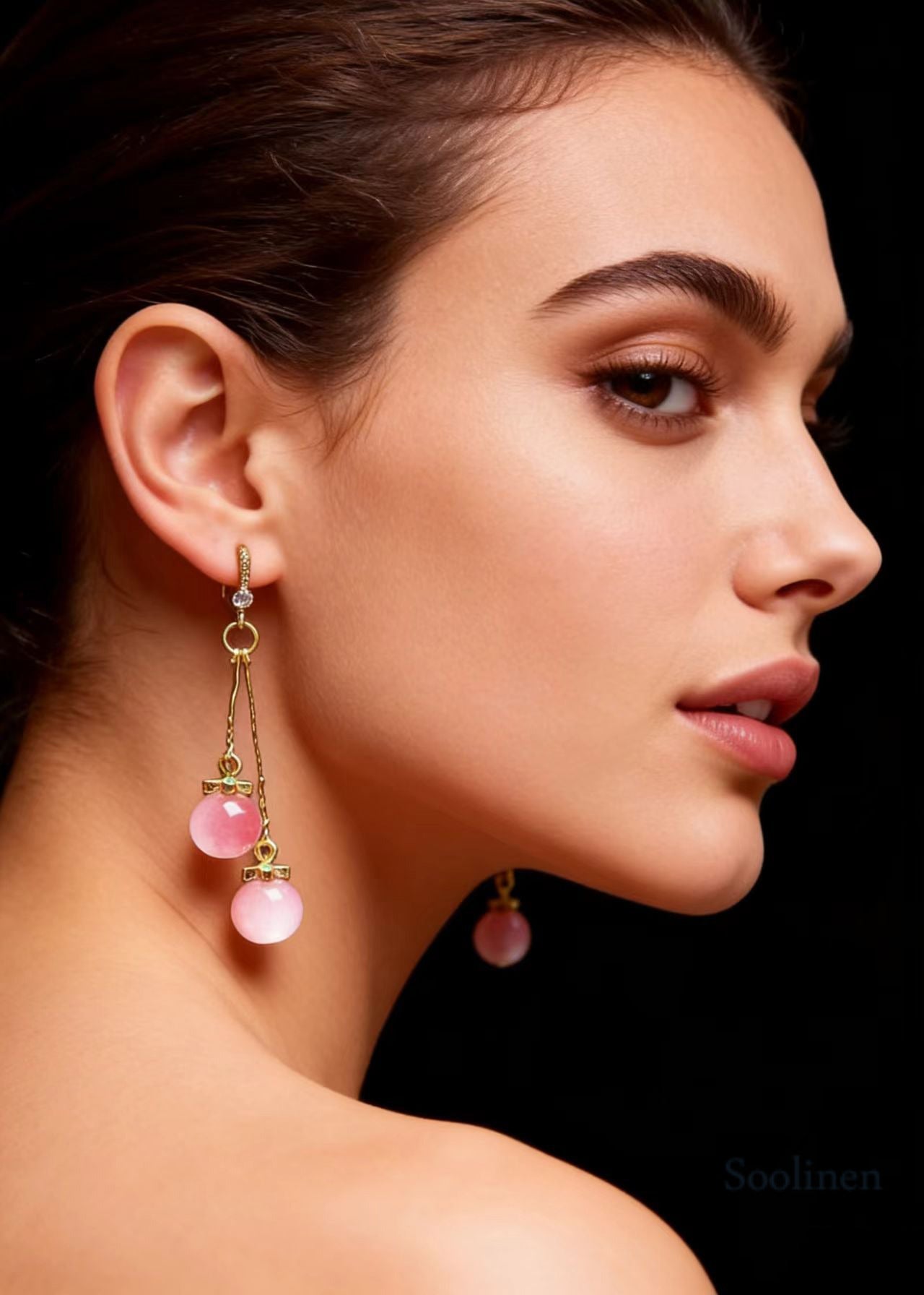 Women Pink Crystal Long Drop Earrings