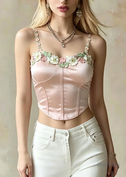 Women Pink Embroideried Floral Cotton Beach Vest Summer