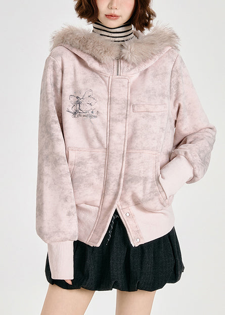 Sudadera con capucha de algodón y cuello de piel sintética rosa para mujer, ropa de abrigo de primavera
