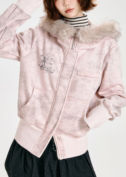 Sudadera con capucha de algodón y cuello de piel sintética rosa para mujer, ropa de abrigo de primavera