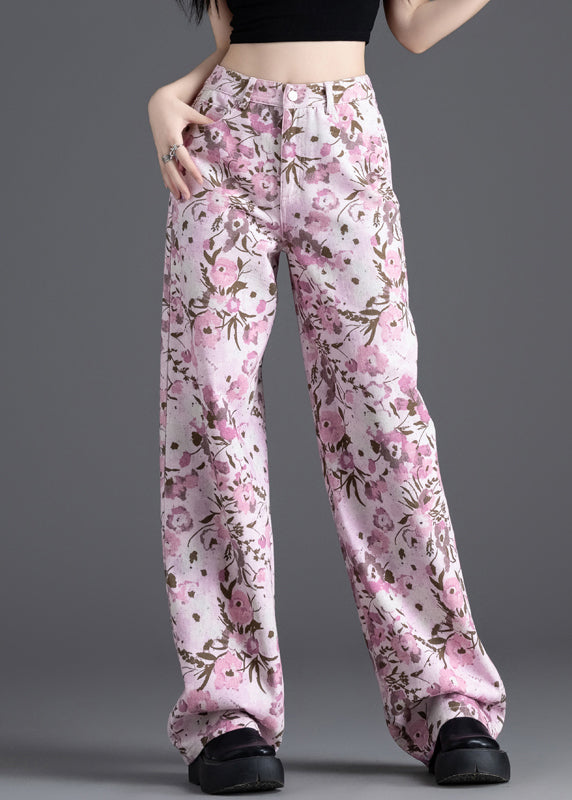 Women Pink Floral Print Denim Straight Pants Spring