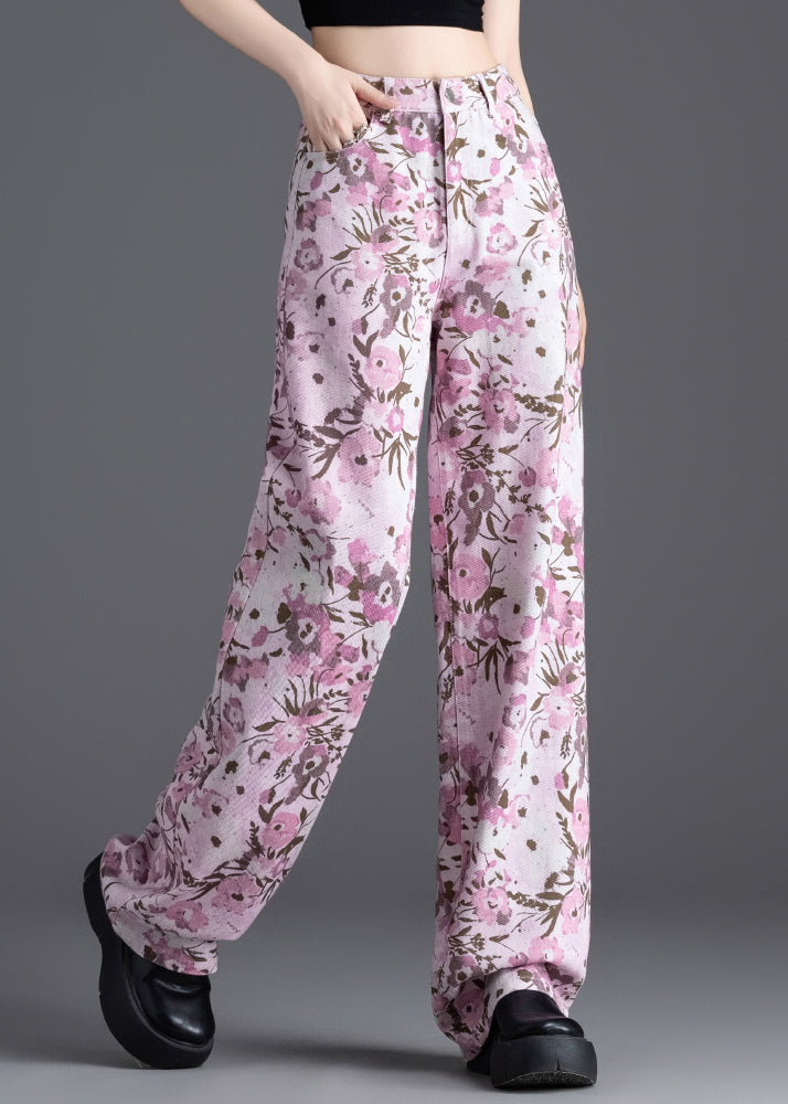 Women Pink Floral Print Denim Straight Pants Spring