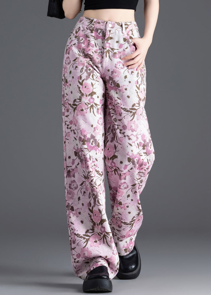 Women Pink Floral Print Denim Straight Pants Spring