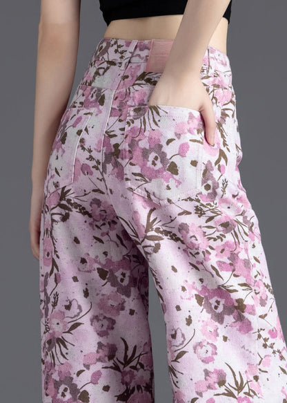 Women Pink Floral Print Denim Straight Pants Spring