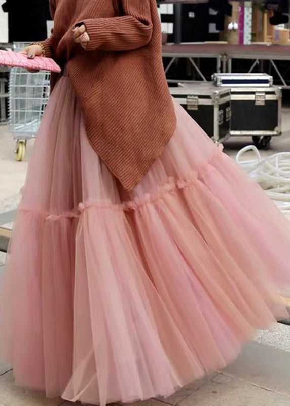 Frauen Rosa Hohe Taille Patchwork Plissee Tüll Herbst Röcke