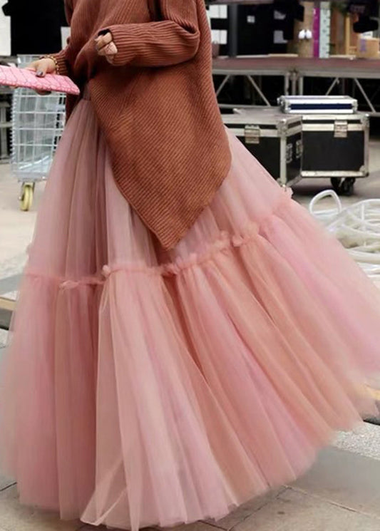 Frauen Rosa Hohe Taille Patchwork Plissee Tüll Herbst Röcke