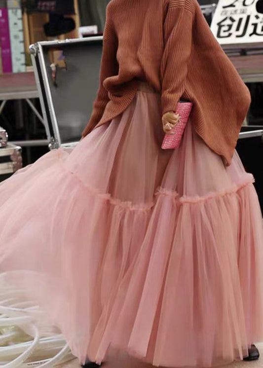 Frauen Rosa Hohe Taille Patchwork Plissee Tüll Herbst Röcke