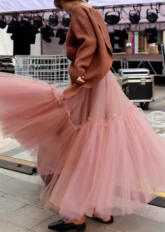 Frauen Rosa Hohe Taille Patchwork Plissee Tüll Herbst Röcke