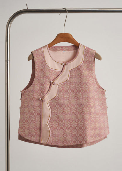Chalecos orientales de seda con patchwork jacquard rosa para mujer, primavera