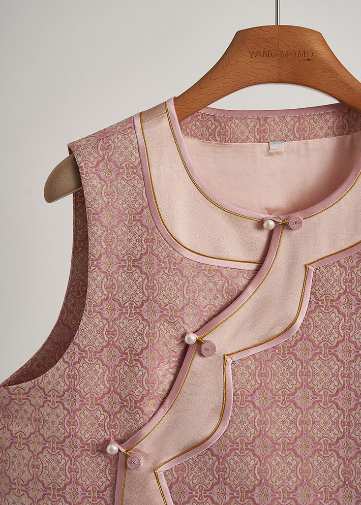 Chalecos orientales de seda con patchwork jacquard rosa para mujer, primavera