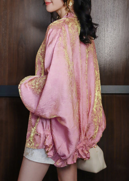 Women Pink Jacquard Peter Pan Collar Cinched Silk Coat Batwing Sleeve