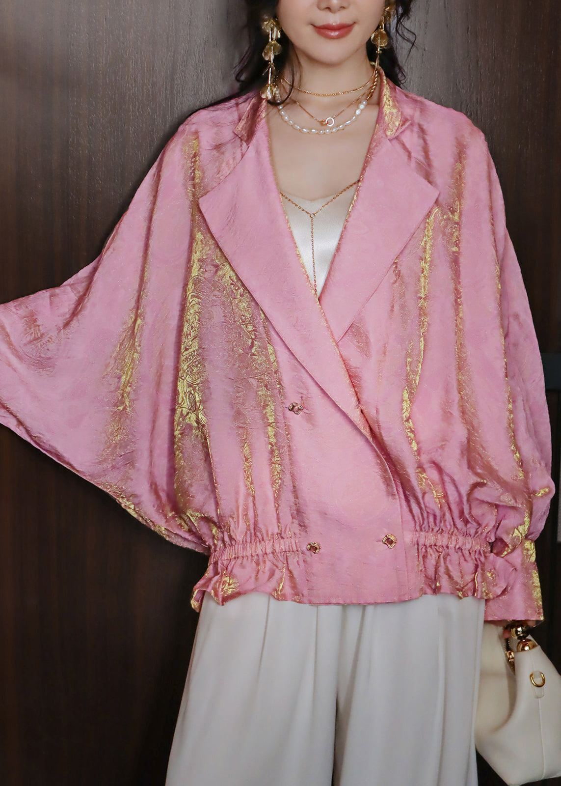 Women Pink Jacquard Peter Pan Collar Cinched Silk Coat Batwing Sleeve