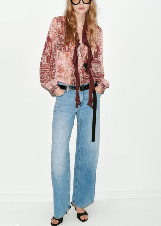 Women Pink Lace Up Draping Print Chiffon Blouses Long Sleeve